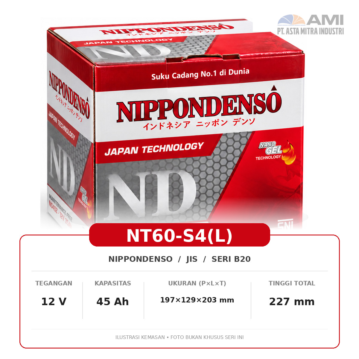 Aki Nippon Denso NT60-S4(L) 12V 45Ah (38B20R(L)) - Distributor Resmi PT Asta Mitra Industri